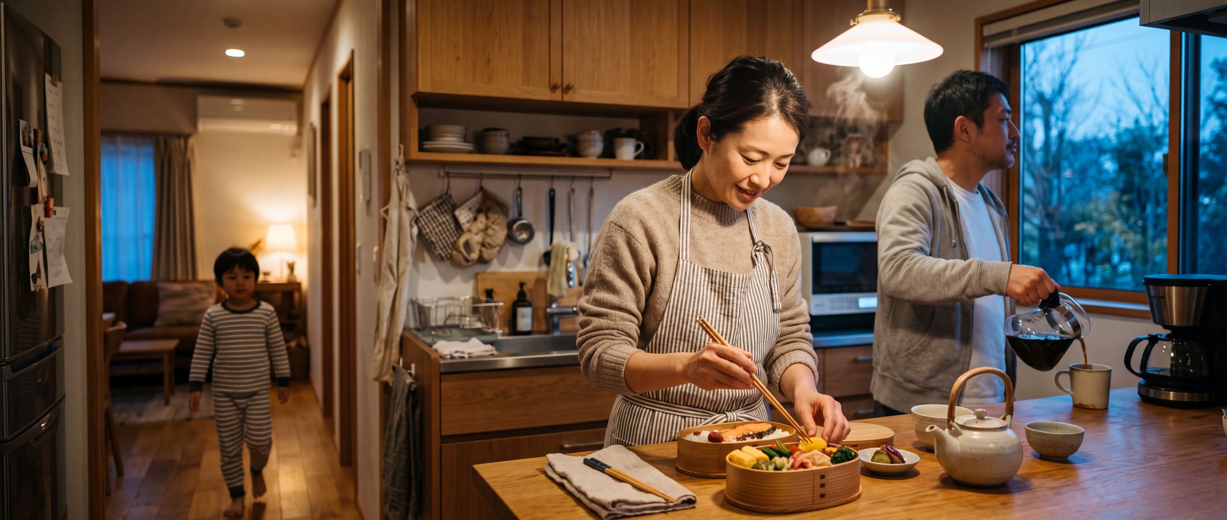 夜明けの台所で、母親がお弁当を整え、父親がコーヒーを淹れ、子供がパジャマで通り過ぎる家族の朝の風景